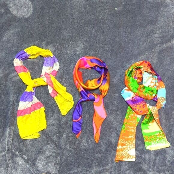 Vintage Silk neck Scarf bundle Mid Century Prints, Hand Rolled Silk - Picture 1 of 8